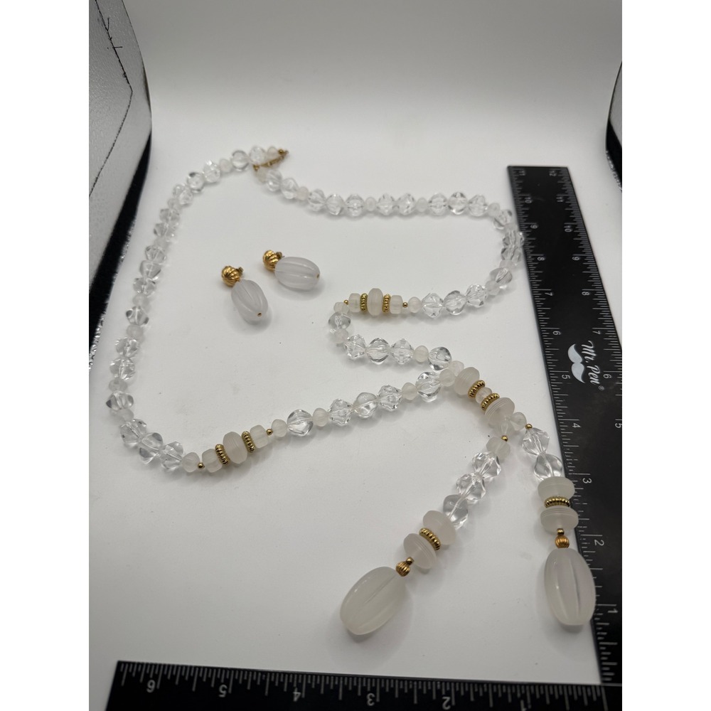 Vintage Frosted Clear Glass Bead Lariat Necklace and Drop Earring‎ Set Gold Tone